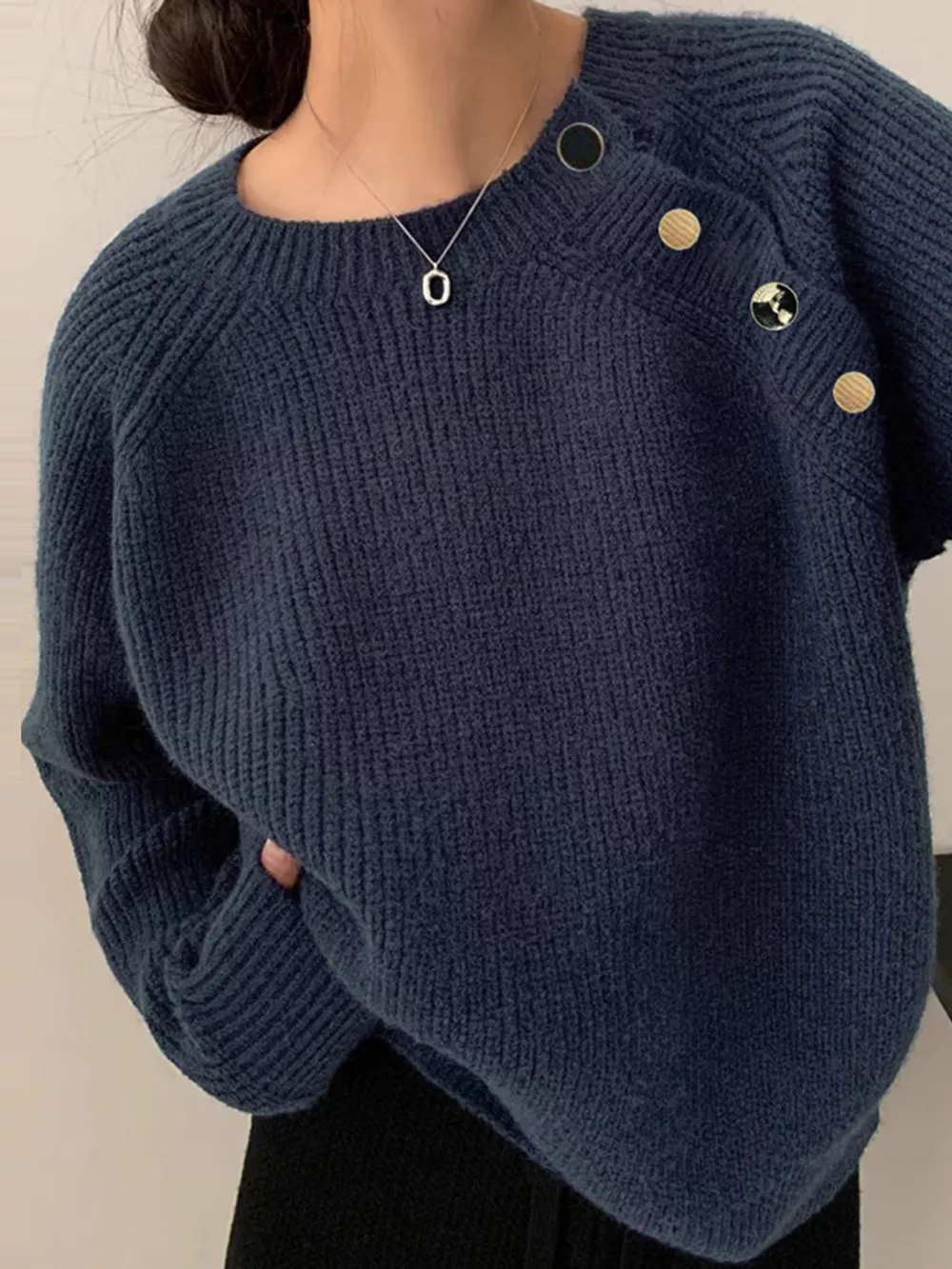 Button-Decorated Round Neck Sweater, image 2
