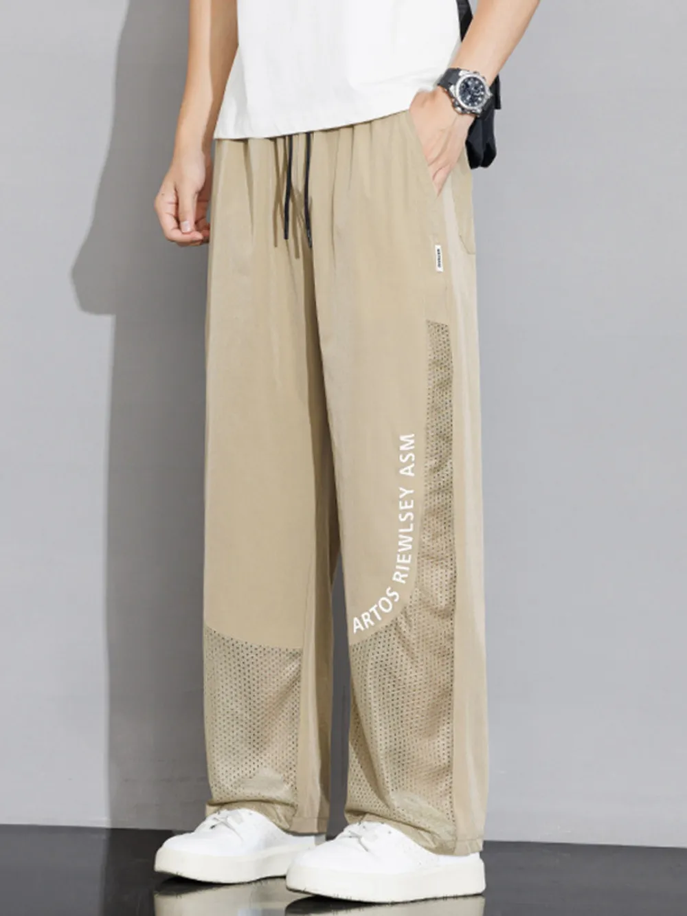 Men's Plus Size Drawstring Wide Leg Mesh Panel Pants, image 6