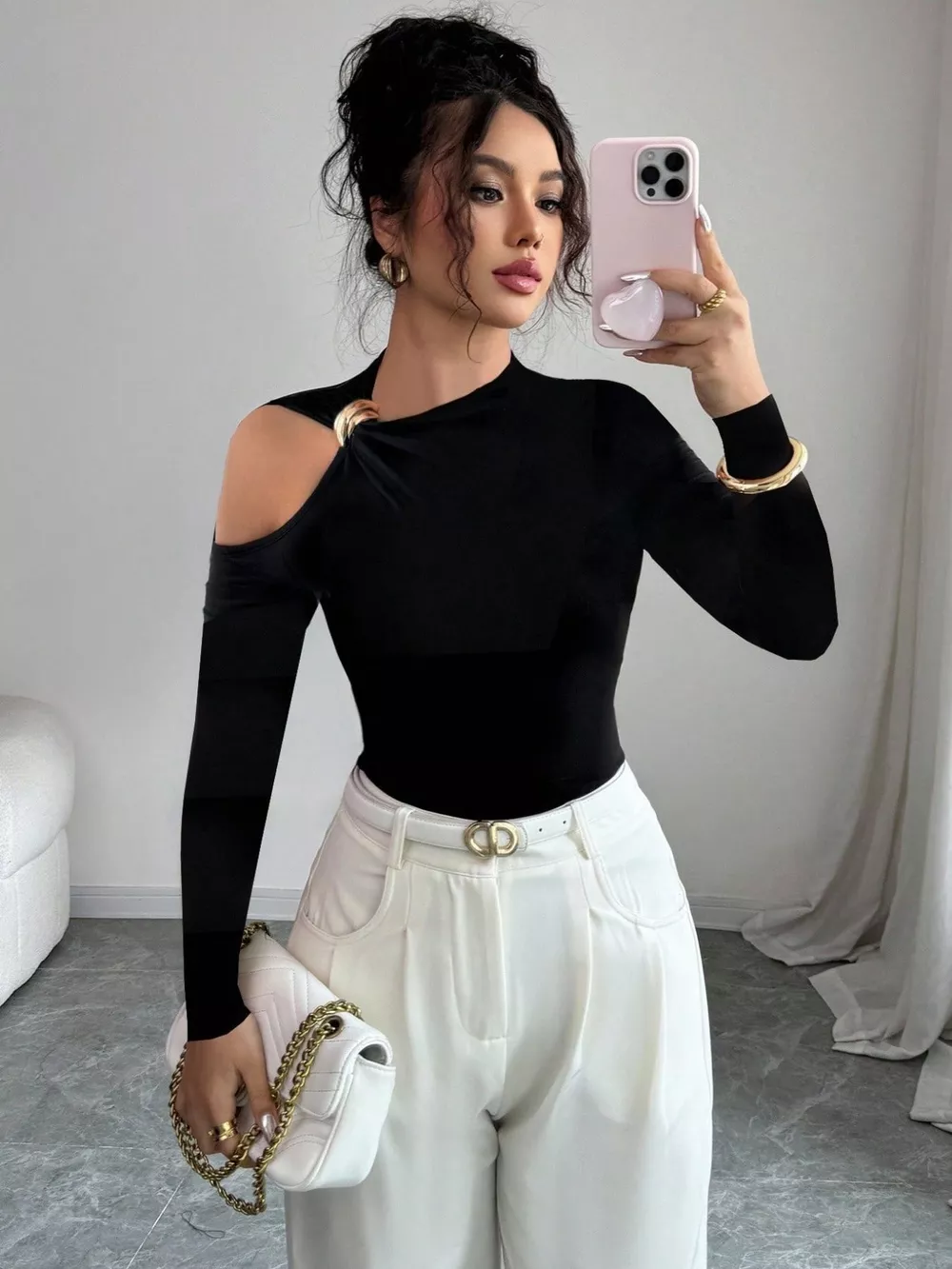 Cutout One-Shoulder Long Sleeve T-Shirt