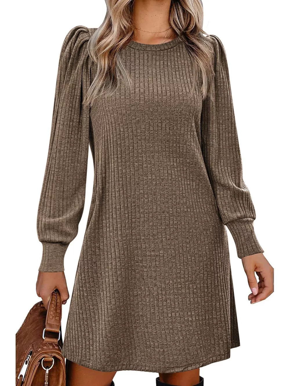 Ribbed Knit Puff Sleeve Casual Mini Dress, image 5