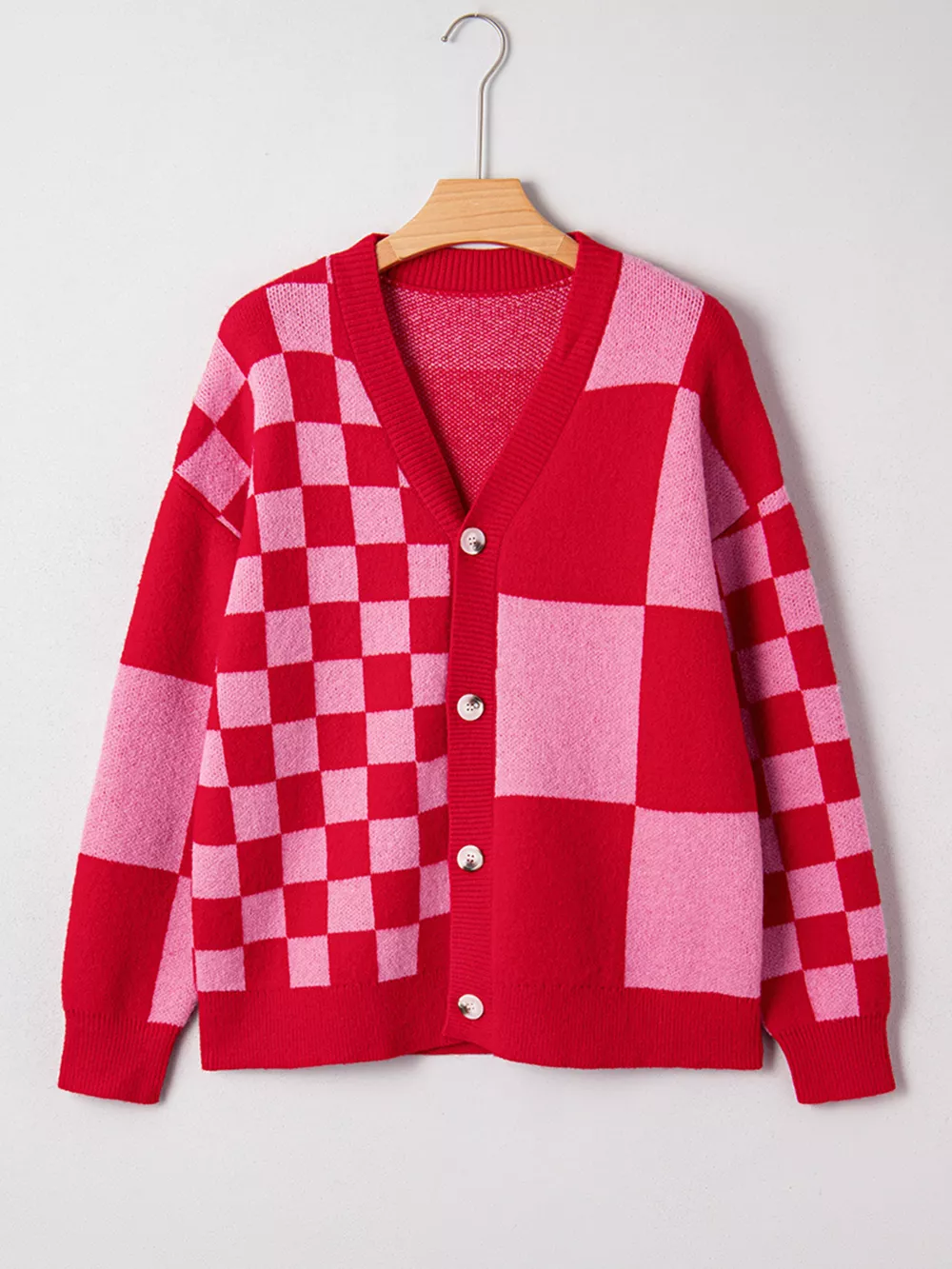 Checkerboard Knit Button-Down Cardigan, image 3