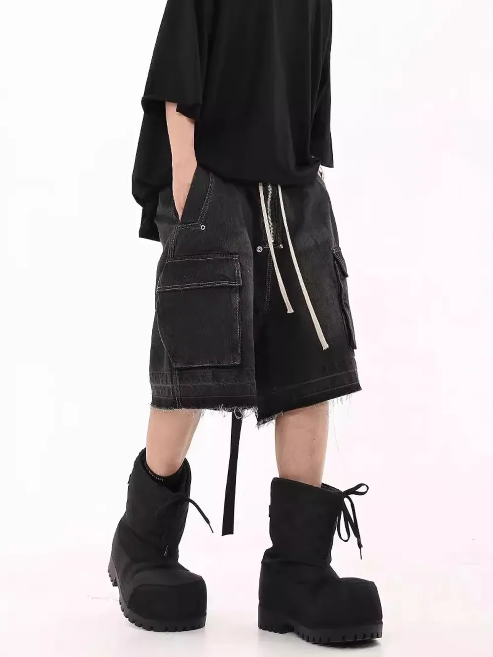 Men's Drawstring Cargo Denim Shorts with Zipper Detail, image 5
