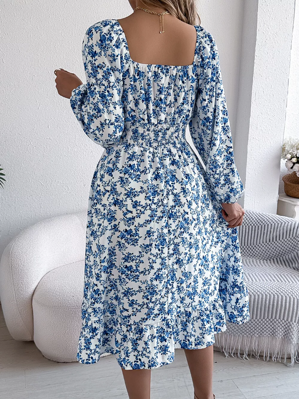 Floral Print Long Sleeve Square Neck Midi Dress, image 2