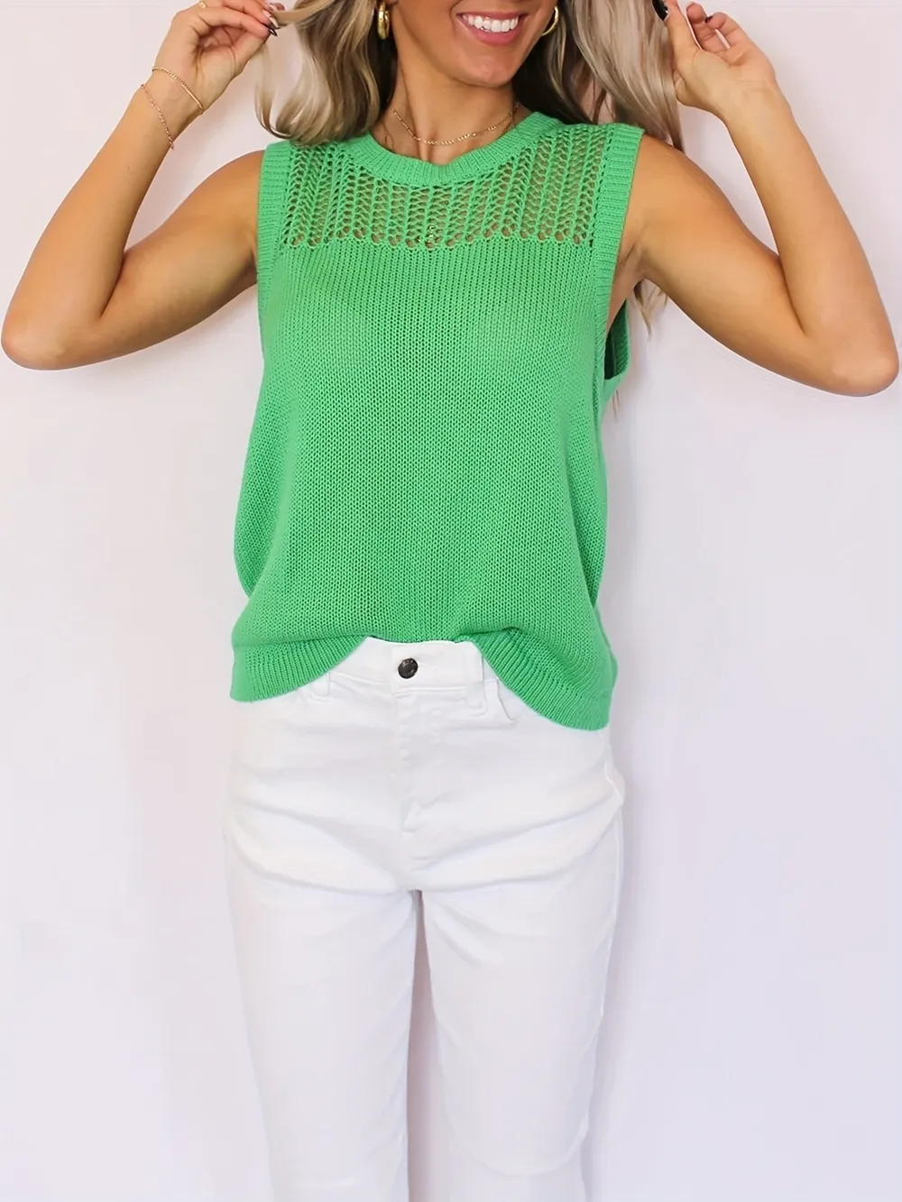 Openwork Round Neck Sweater Vest, image 7