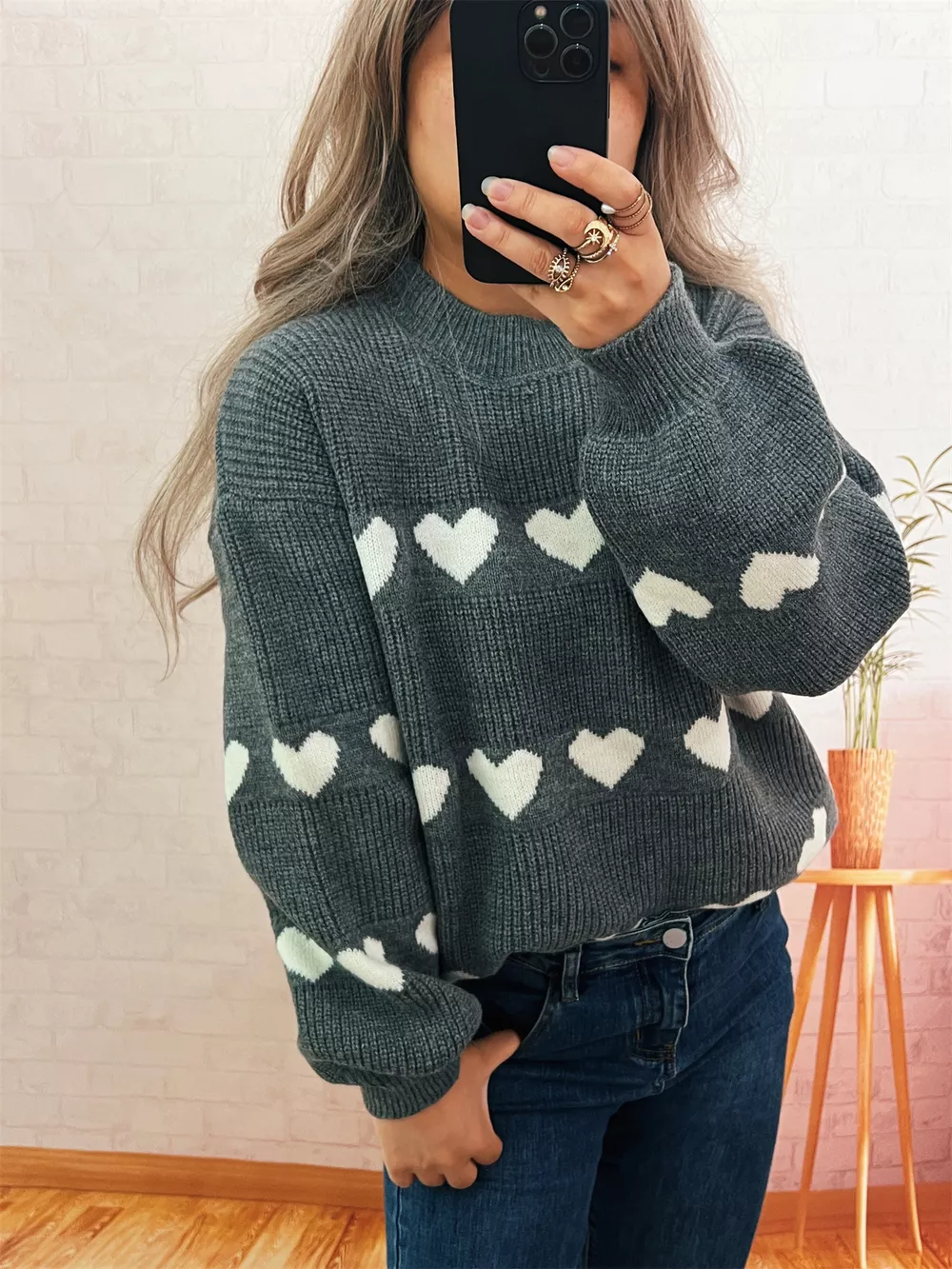 Heart Pattern Dropped Shoulder Sweater, image 11