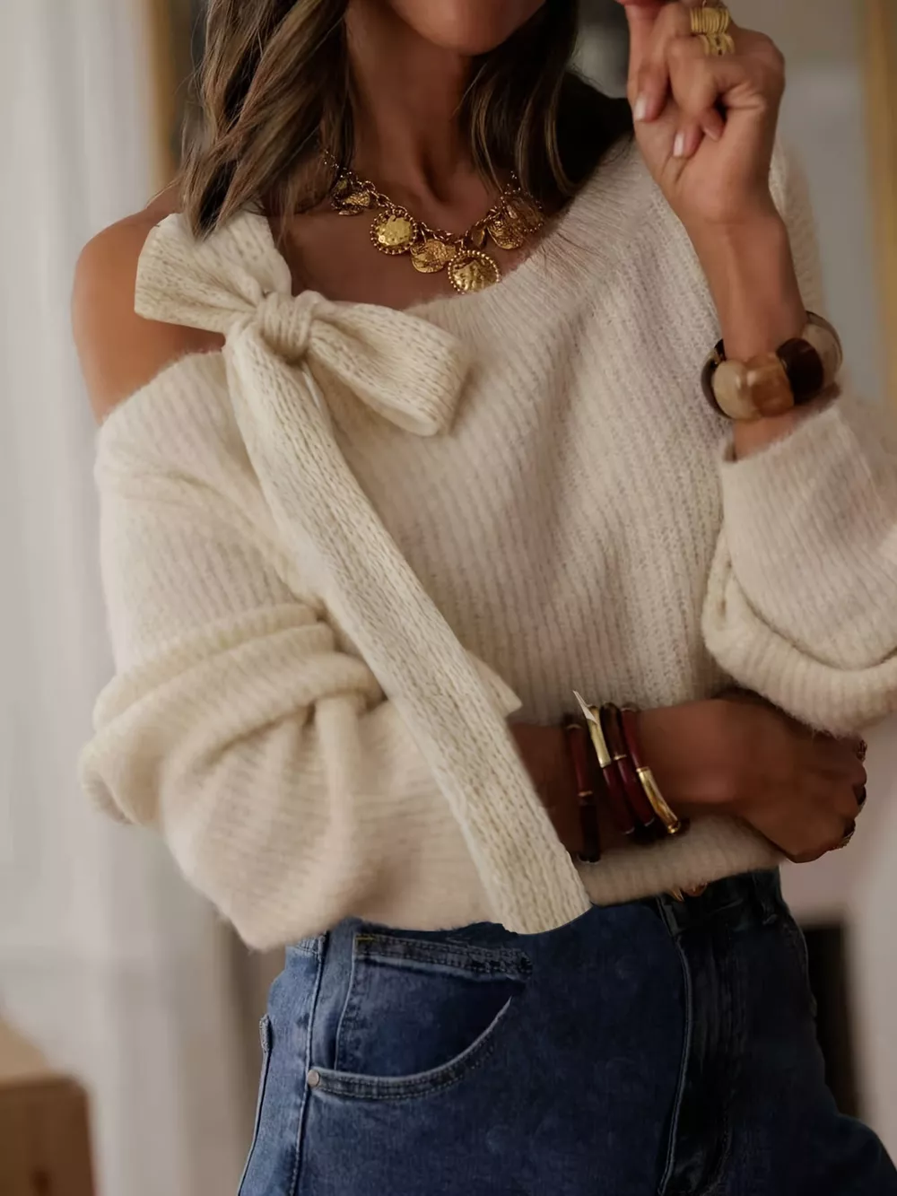 Bow-Accent One-Shoulder Sweater, image 3