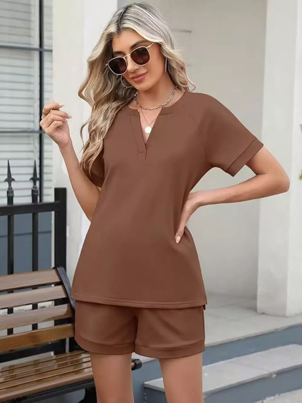 Solid Color Short Sleeve Top and Shorts Two-Piece Set, image 17