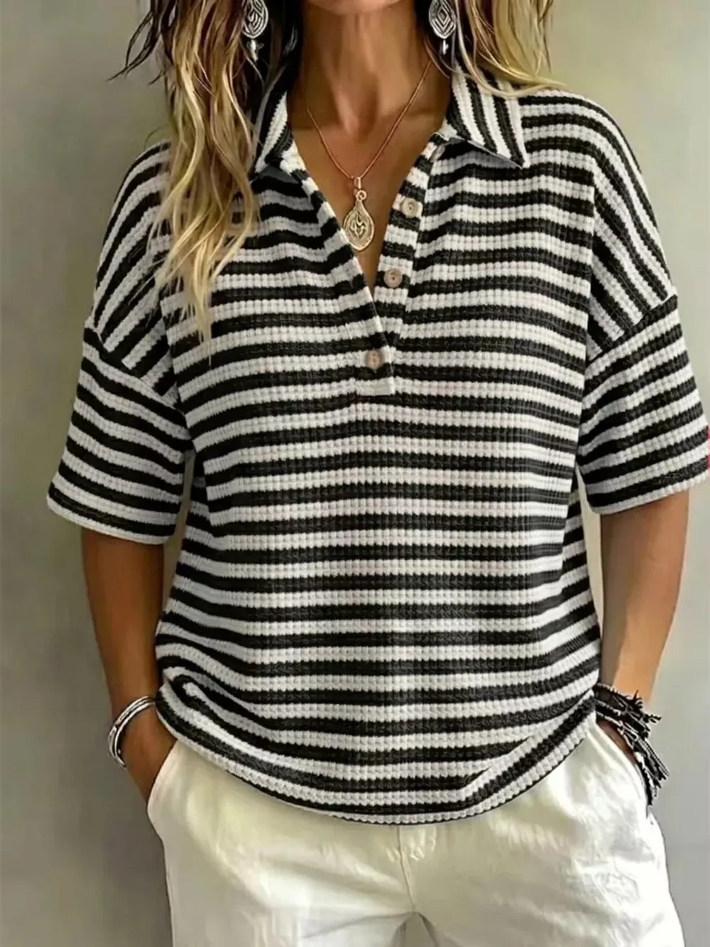 Full Size Contrast Striped Knit Polo Shirt Plus Size, image 3