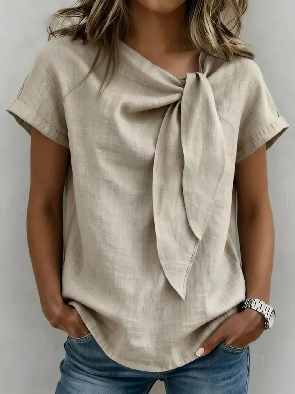 Full Size Bow Tie Neck Short Sleeve Blouse Plus Size, image 2