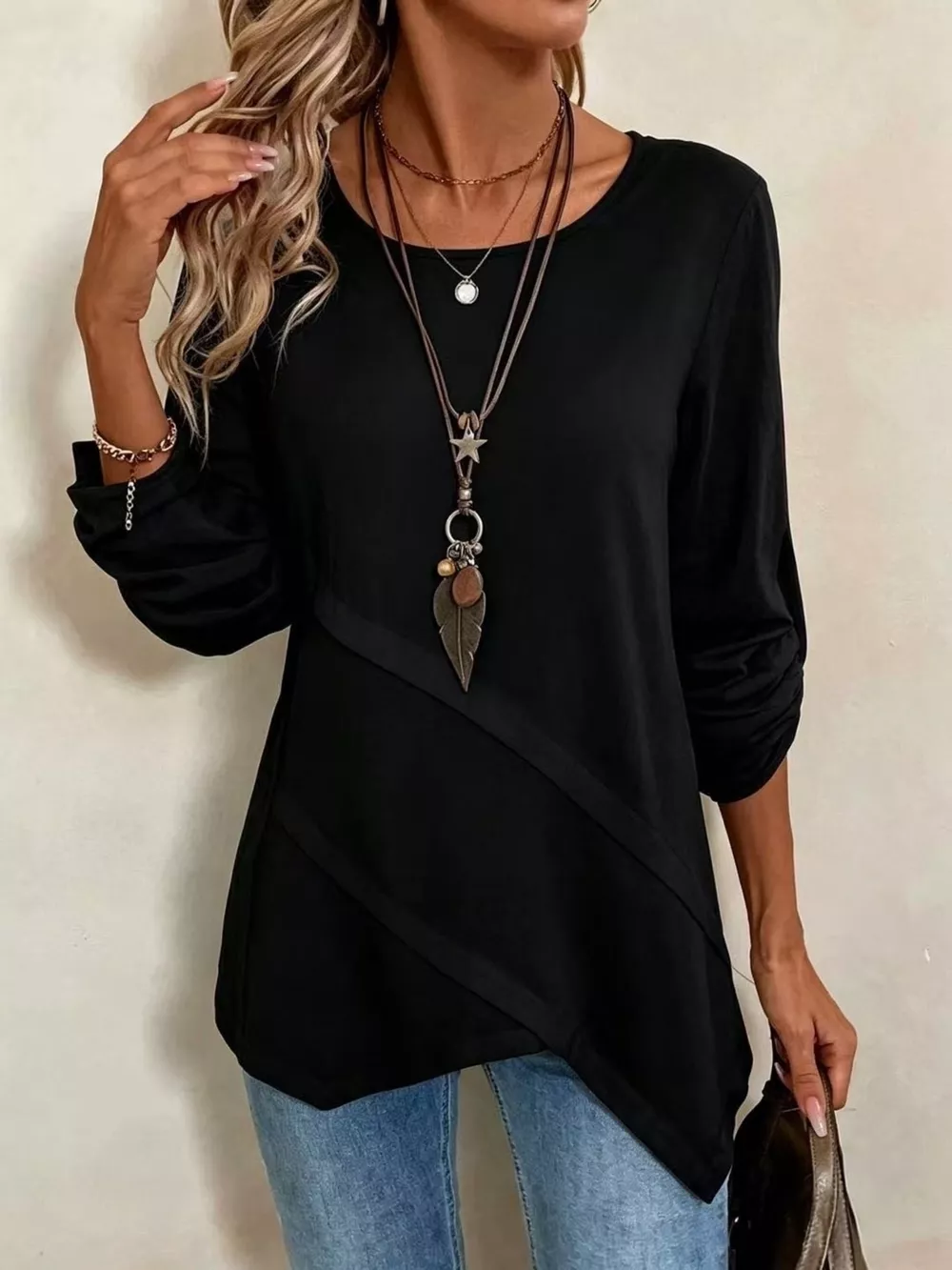 Asymmetrical Hem Solid Color Linen Blouse, image 7
