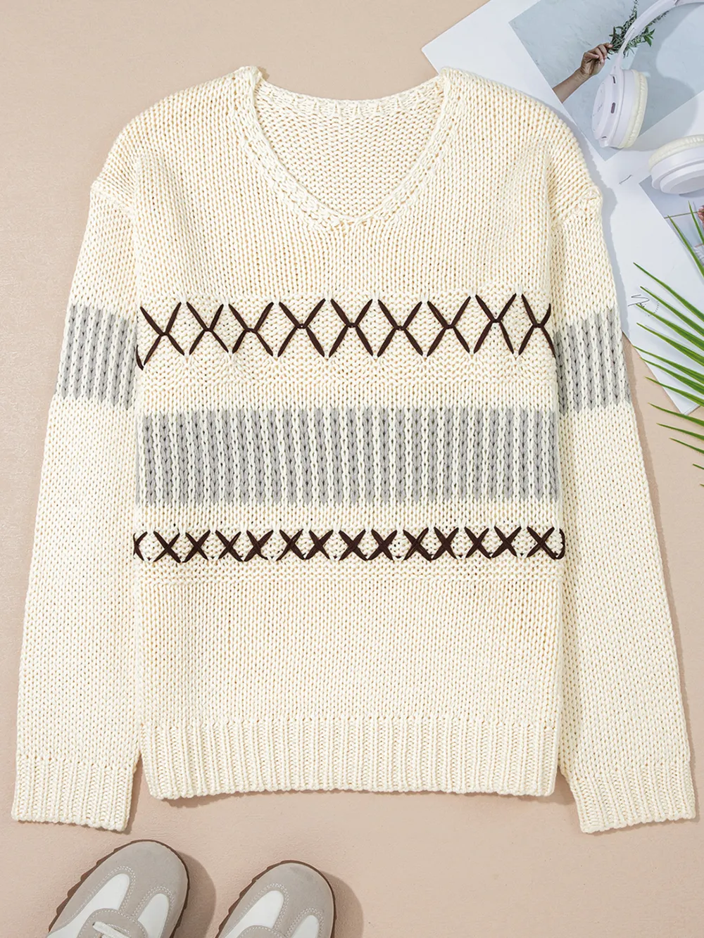 Contrast Stitch Detail V Neck Drop Shoulder Sweater, image 2