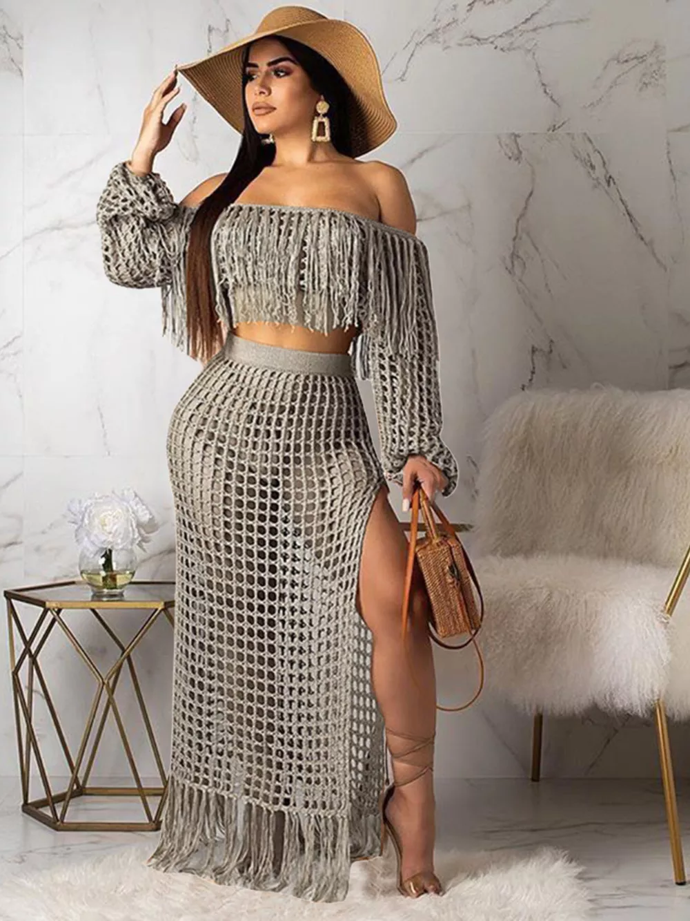 Full Size Crochet Off-Shoulder Fringe Top and Skirt Set Plus Size, image 22