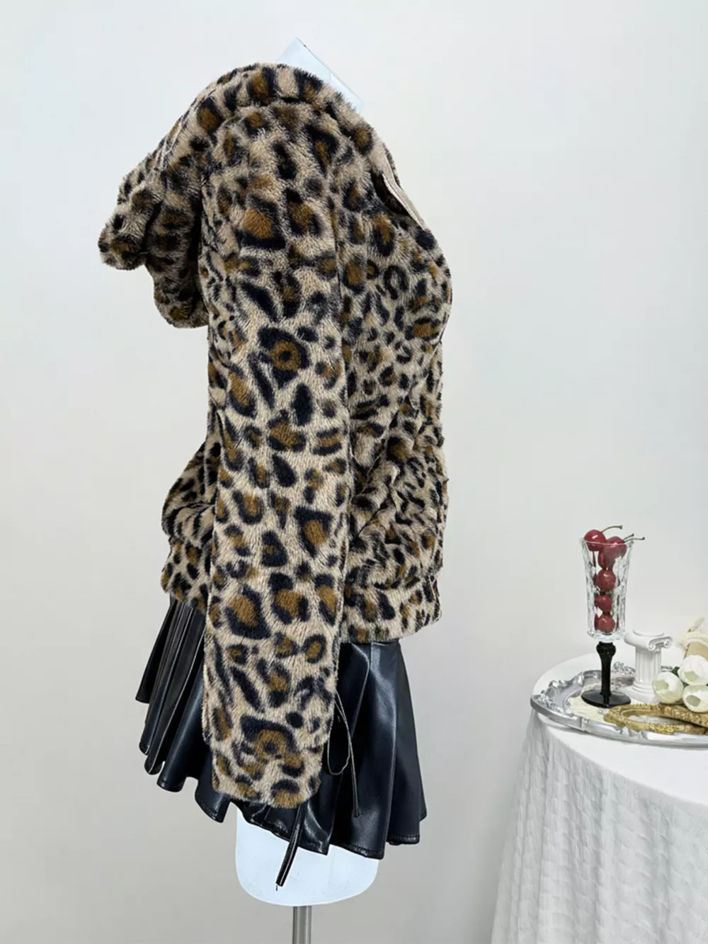 Leopard Plush Zip-Up Hooded Outerwear, image 6