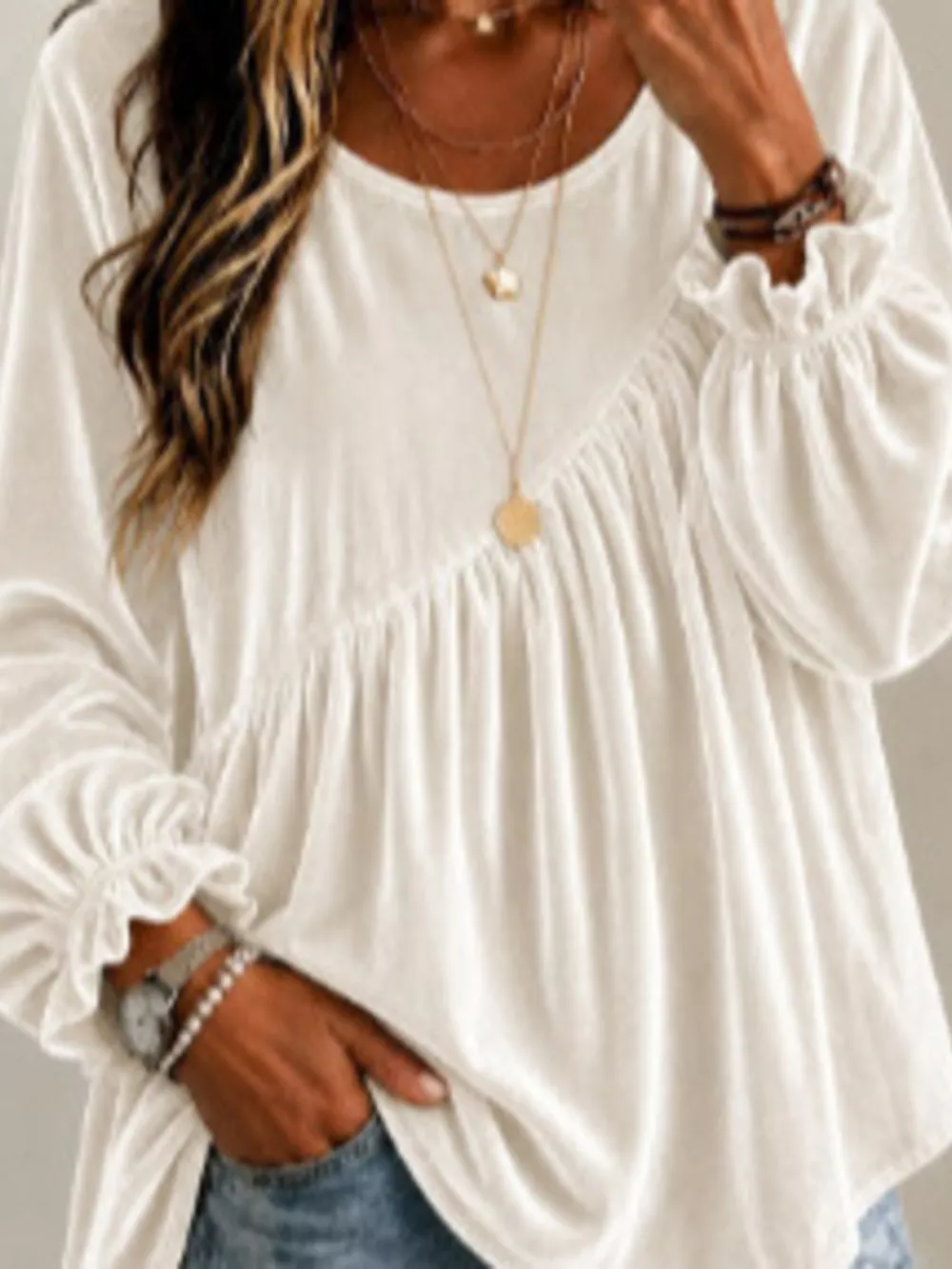 Full Size Velvet Round Neck Long Sleeve Blouse Plus Size, image 7