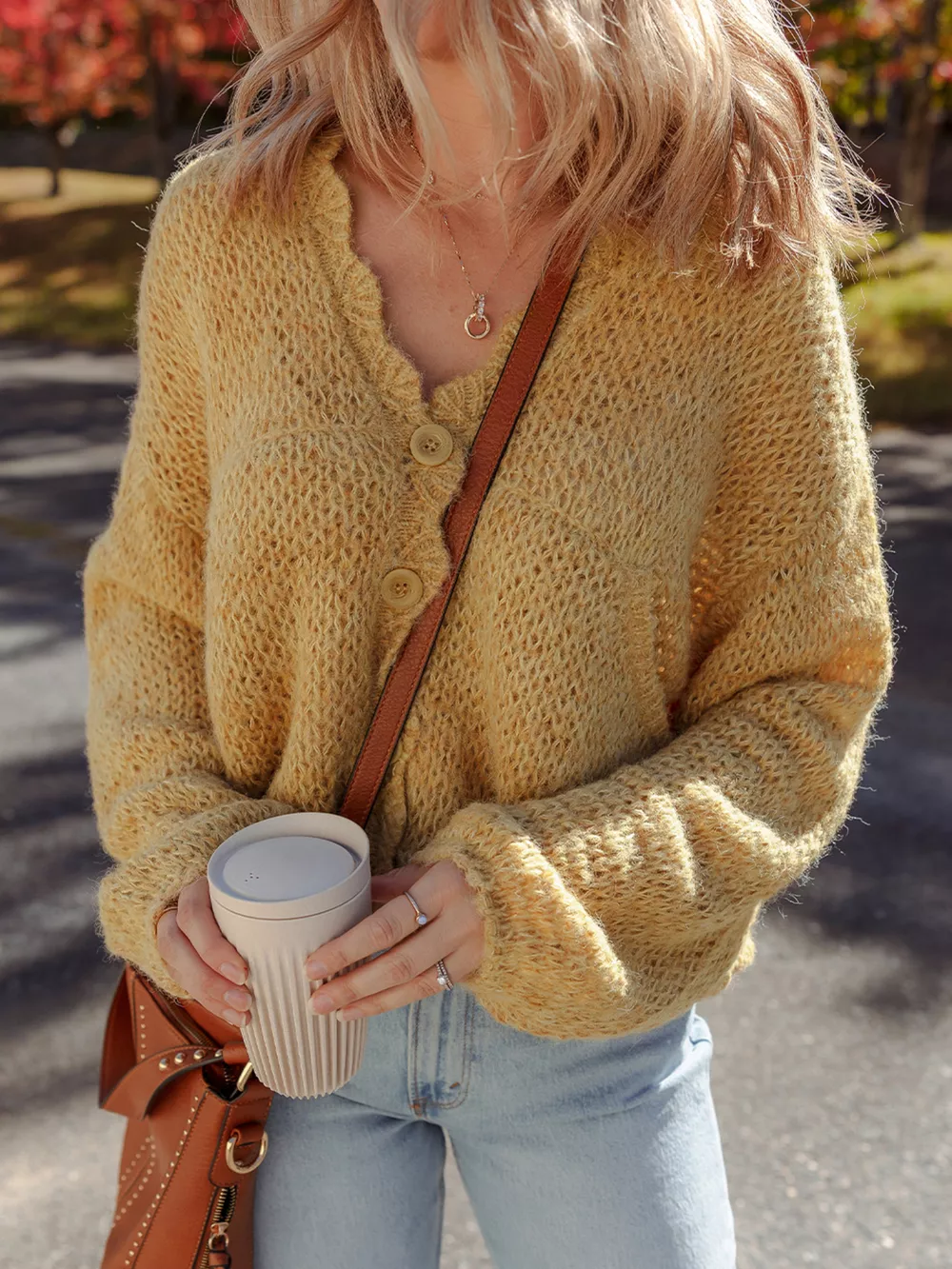Lantern Sleeve Scallop V Neck Buttoned Front Cardigan, image 2