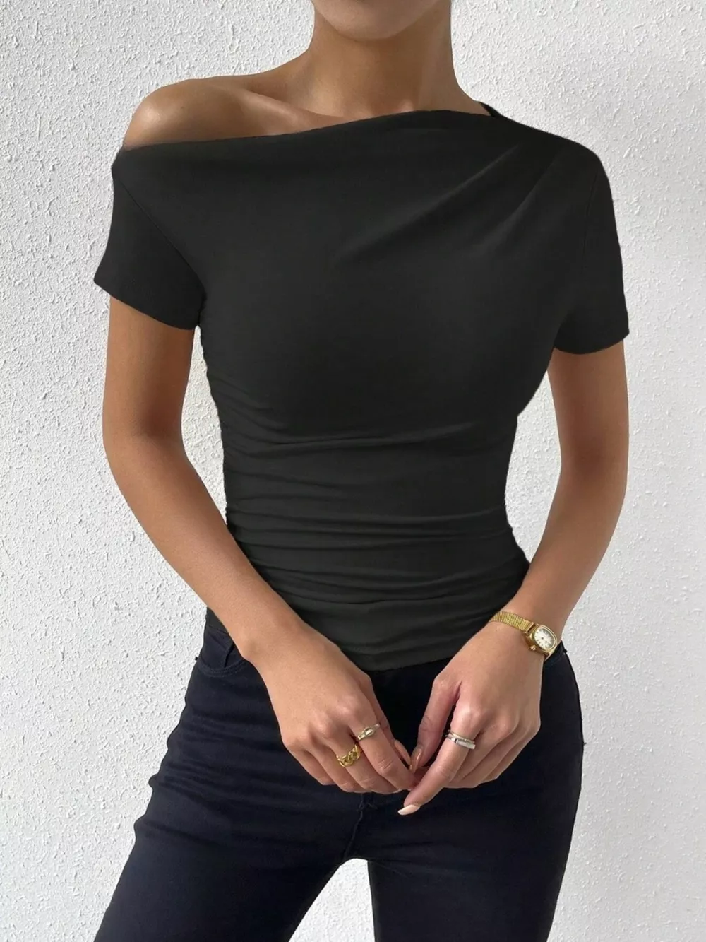 Single Shoulder Short Sleeve T-Shirt, image 7