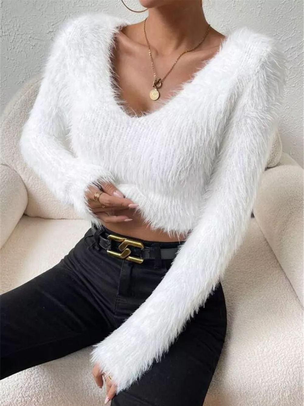 Fluffy Knit V-Neck Sweater, image 6