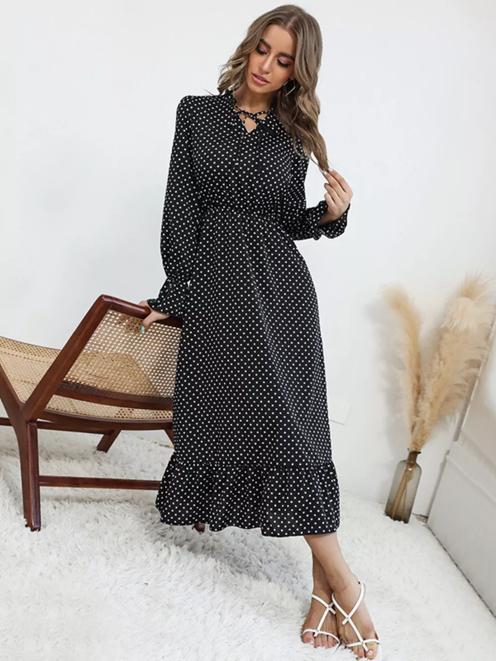 Polka Dot Ruffle Hem Midi Dress, image 4