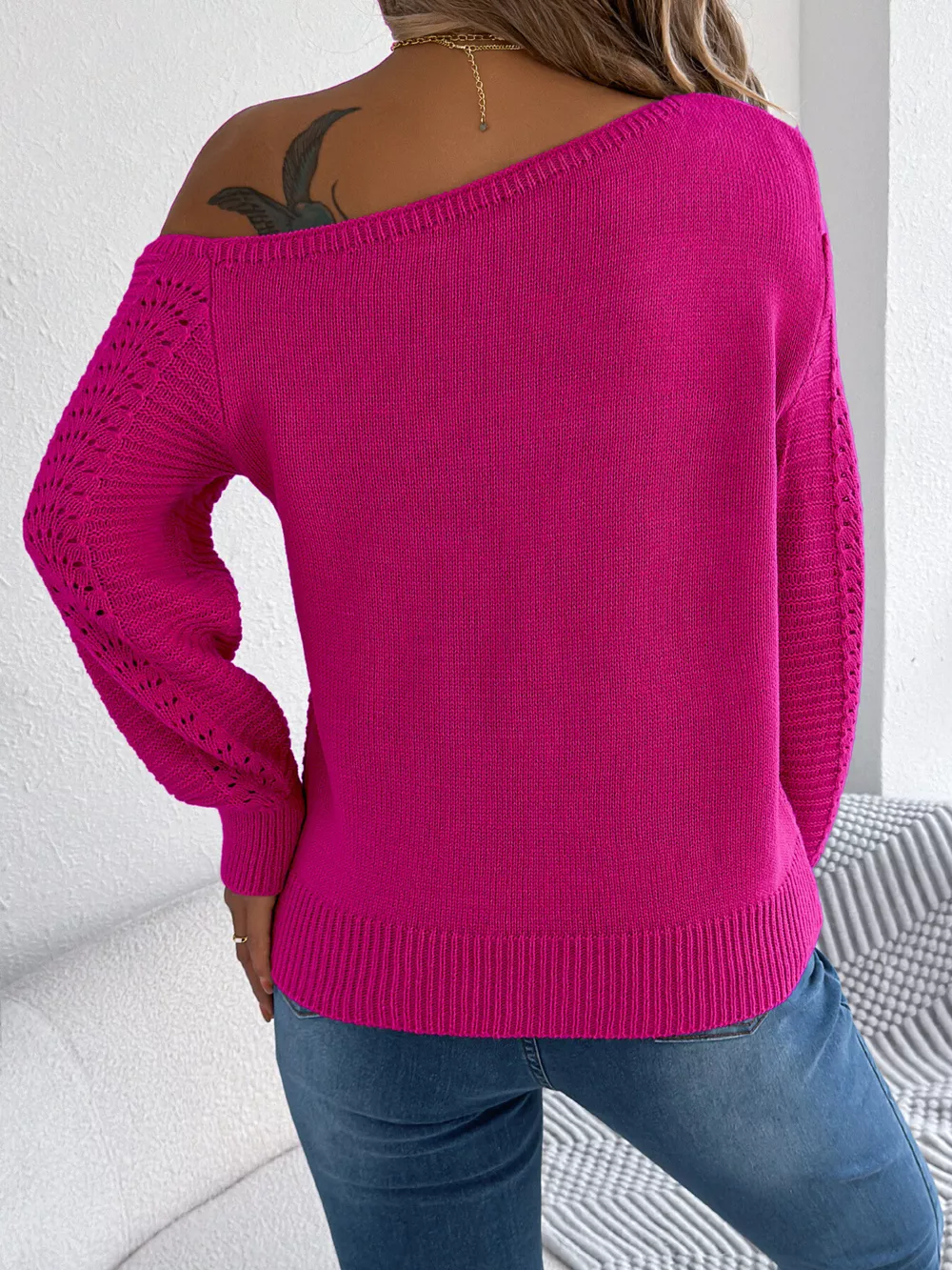 Cold-Shoulder Ribbed Knit Openwork Sweater, image 4