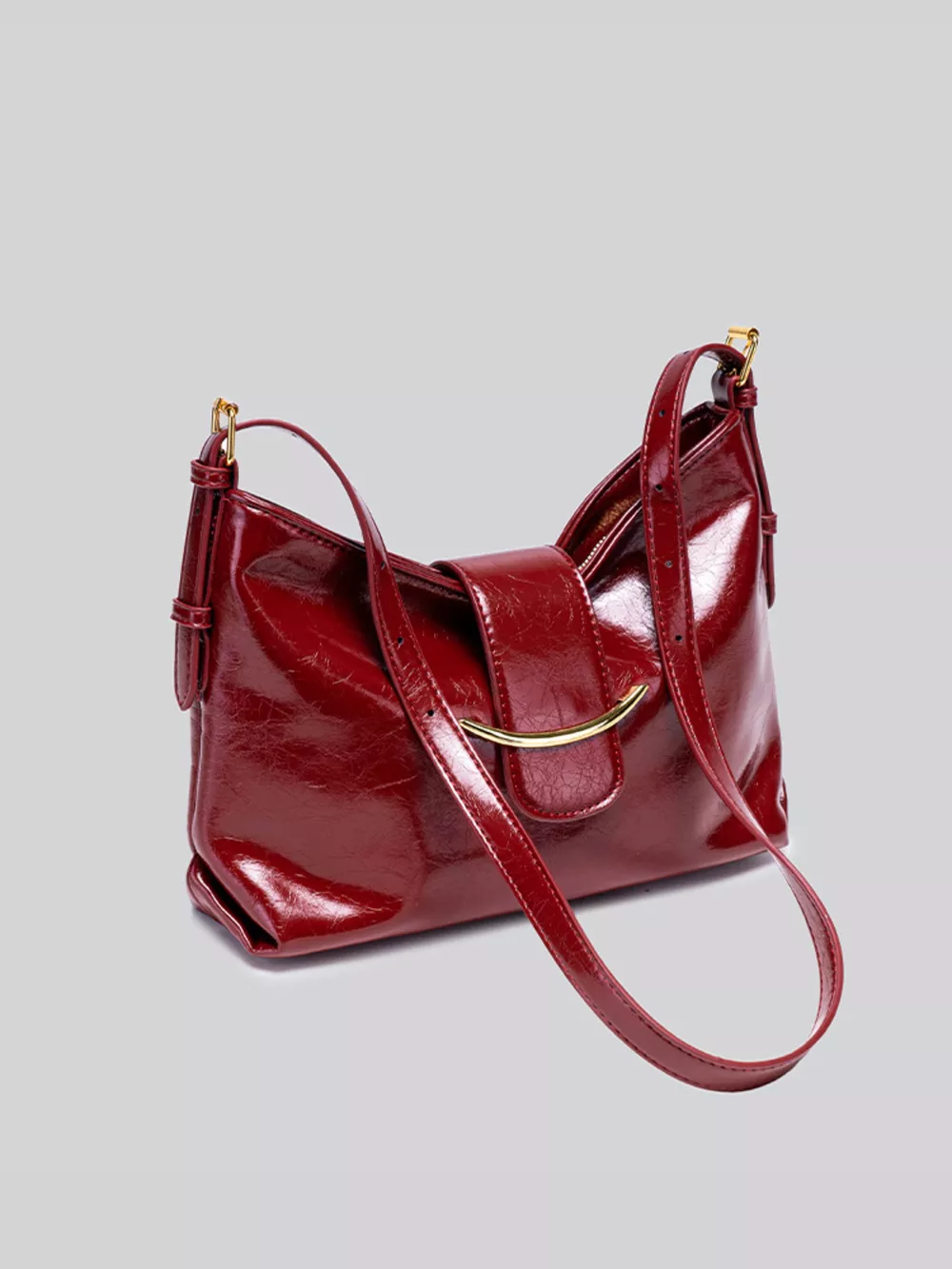 Elegant Glossy Patent Leather Shoulder Bag with Crescent Gold Accent, image 6