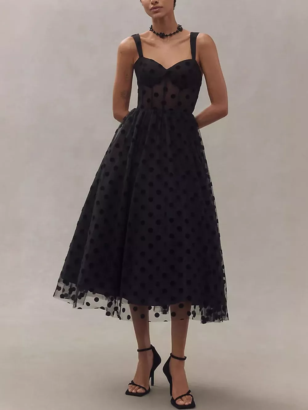 Polka Dot Tulle Sleeveless Midi Dress