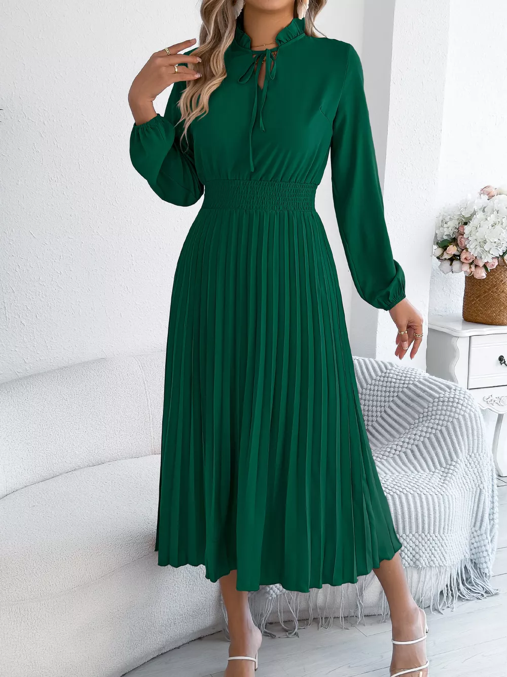 Smocked Pleated Tie Neck Dress, image 2