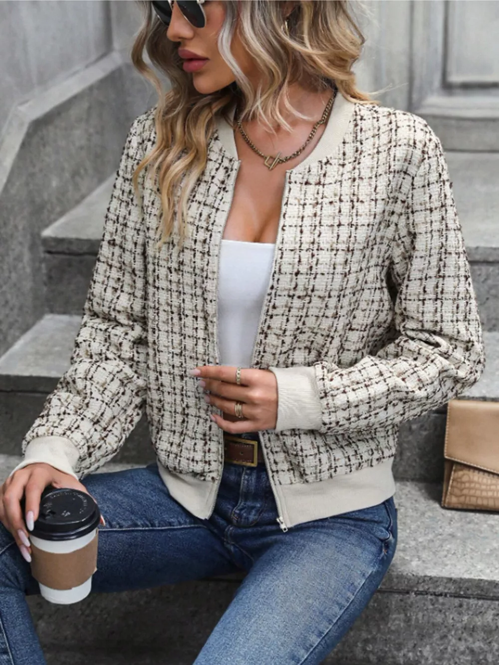 Tweed Zip Up Bomber Jacket, image 2