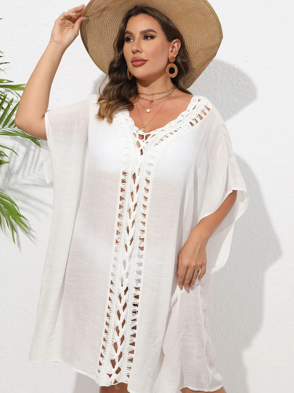 Crochet Trim V-Neck Beach Cover Up Dress, image 3