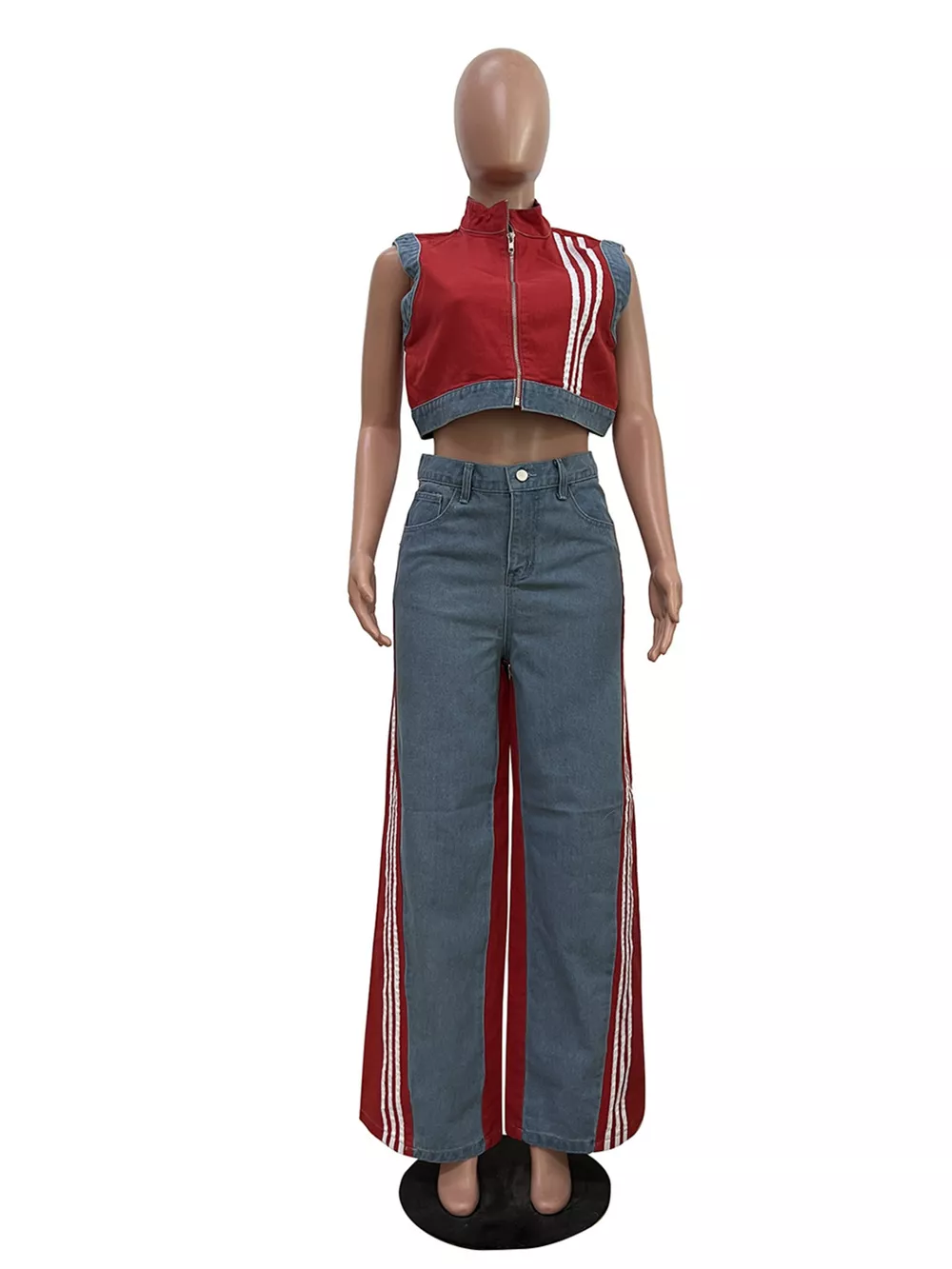 Zip Front Crop Top and Striped Pants Set, image 12