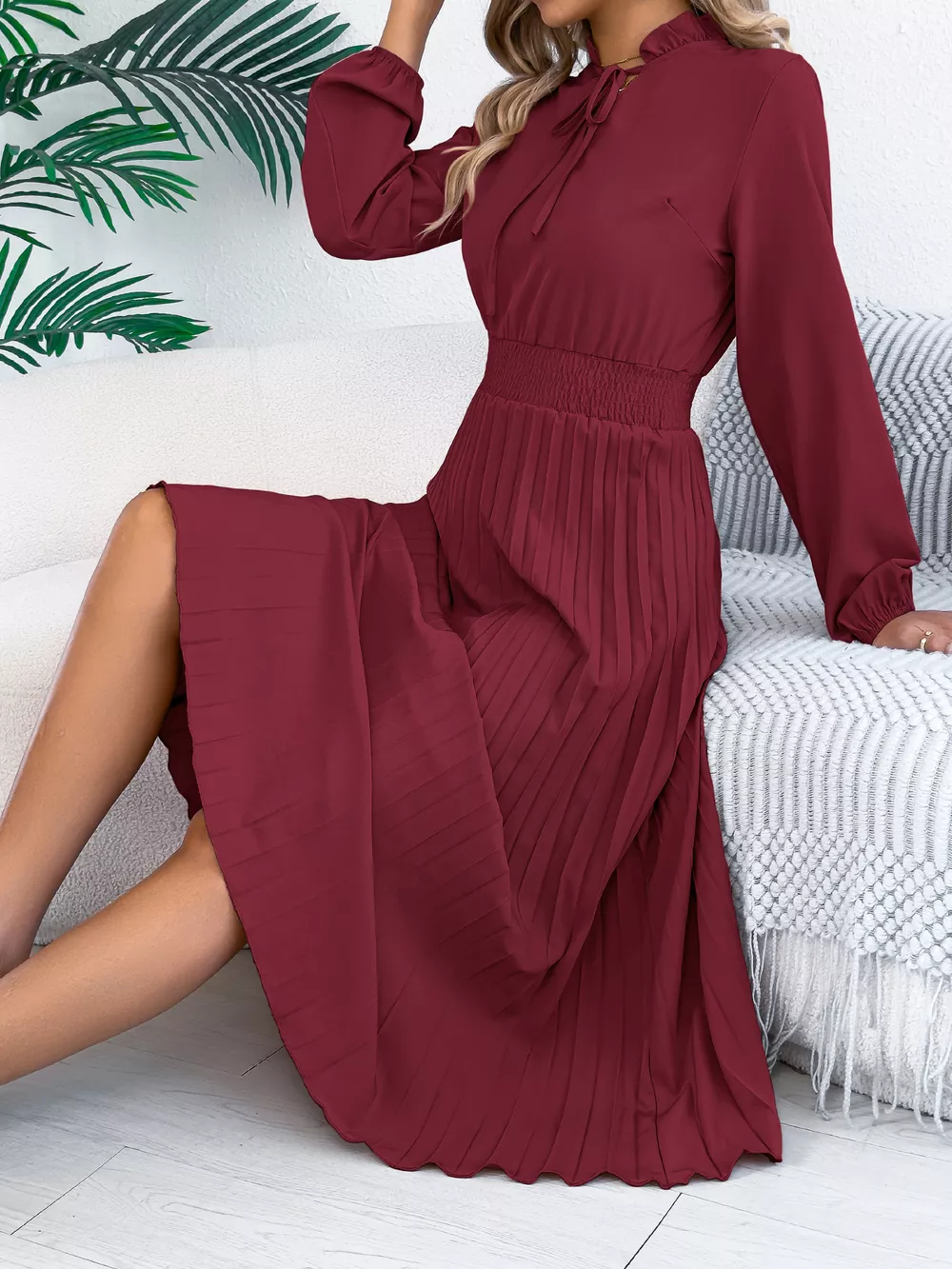 Smocked Pleated Tie Neck Dress, image 7