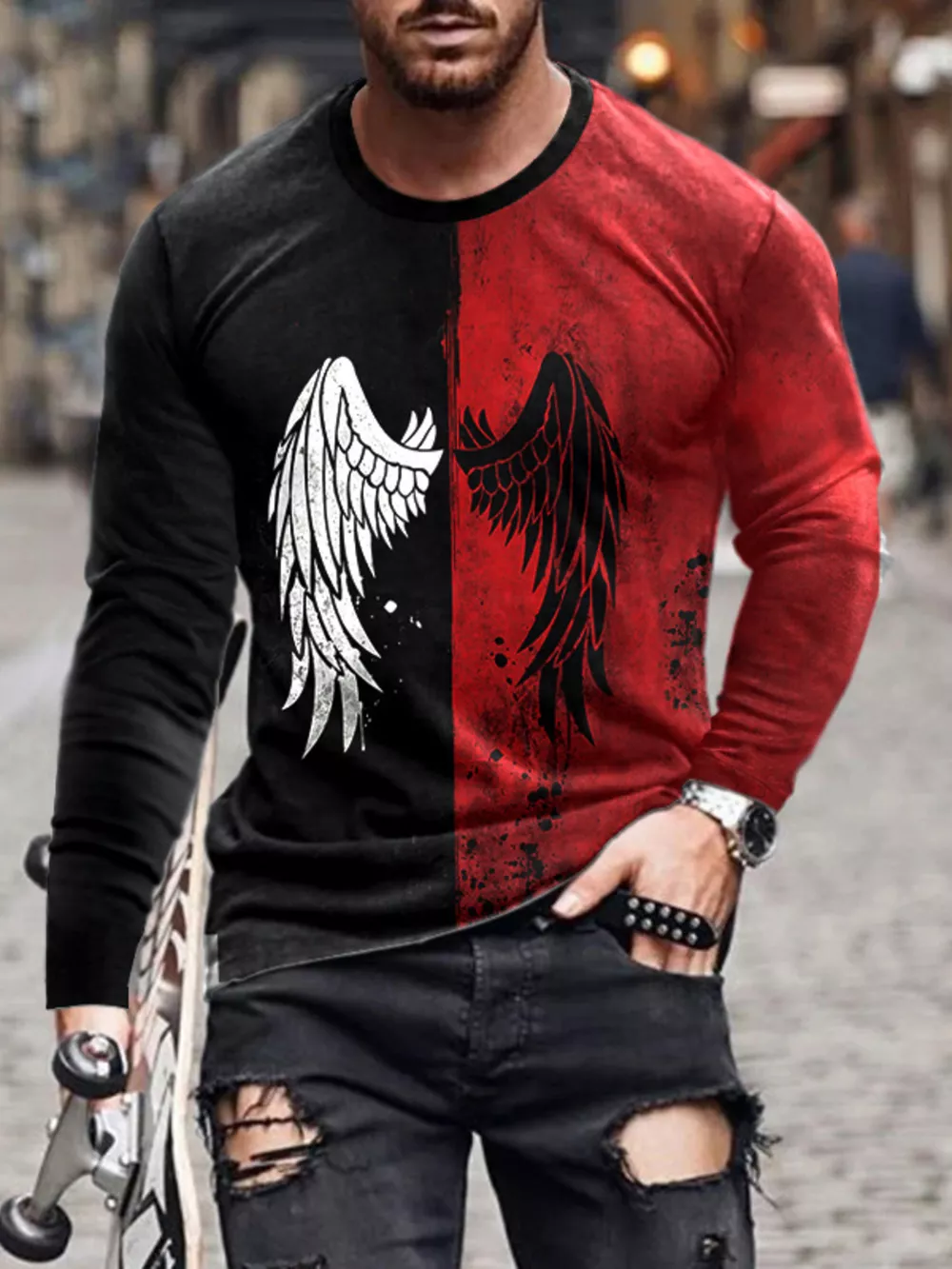 Men's Full Size Split-Color Wing Graphic Long-Sleeve T-Shirt Plus Size, image 2