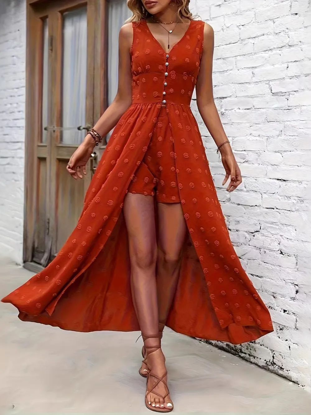 V-Neck Sleeveless Dress and Shorts Set, image 2