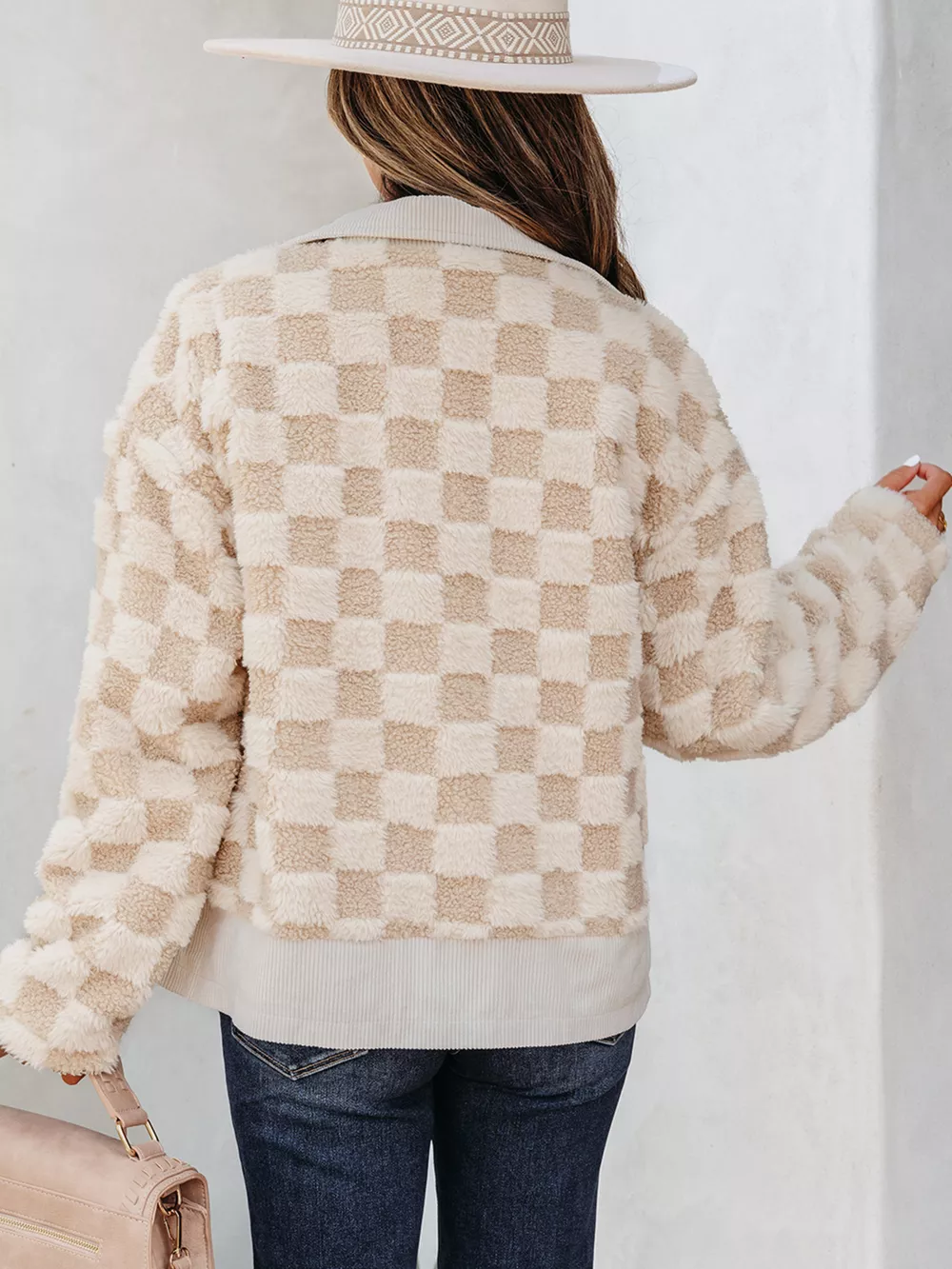 Checker Sherpa Corduroy Patchwork Zip Up Jacket, image 7