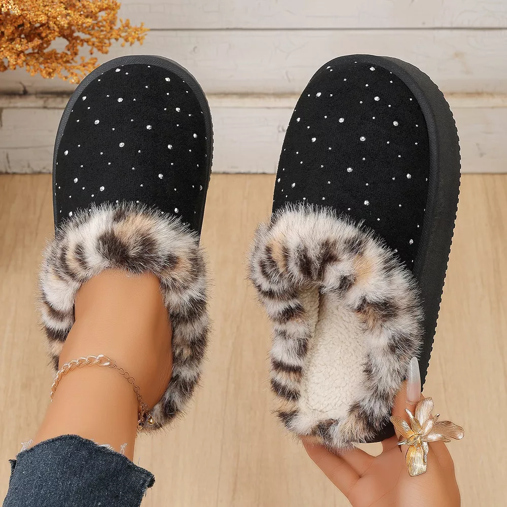 Rhinestone Faux Fur Platform Slippers, image 4