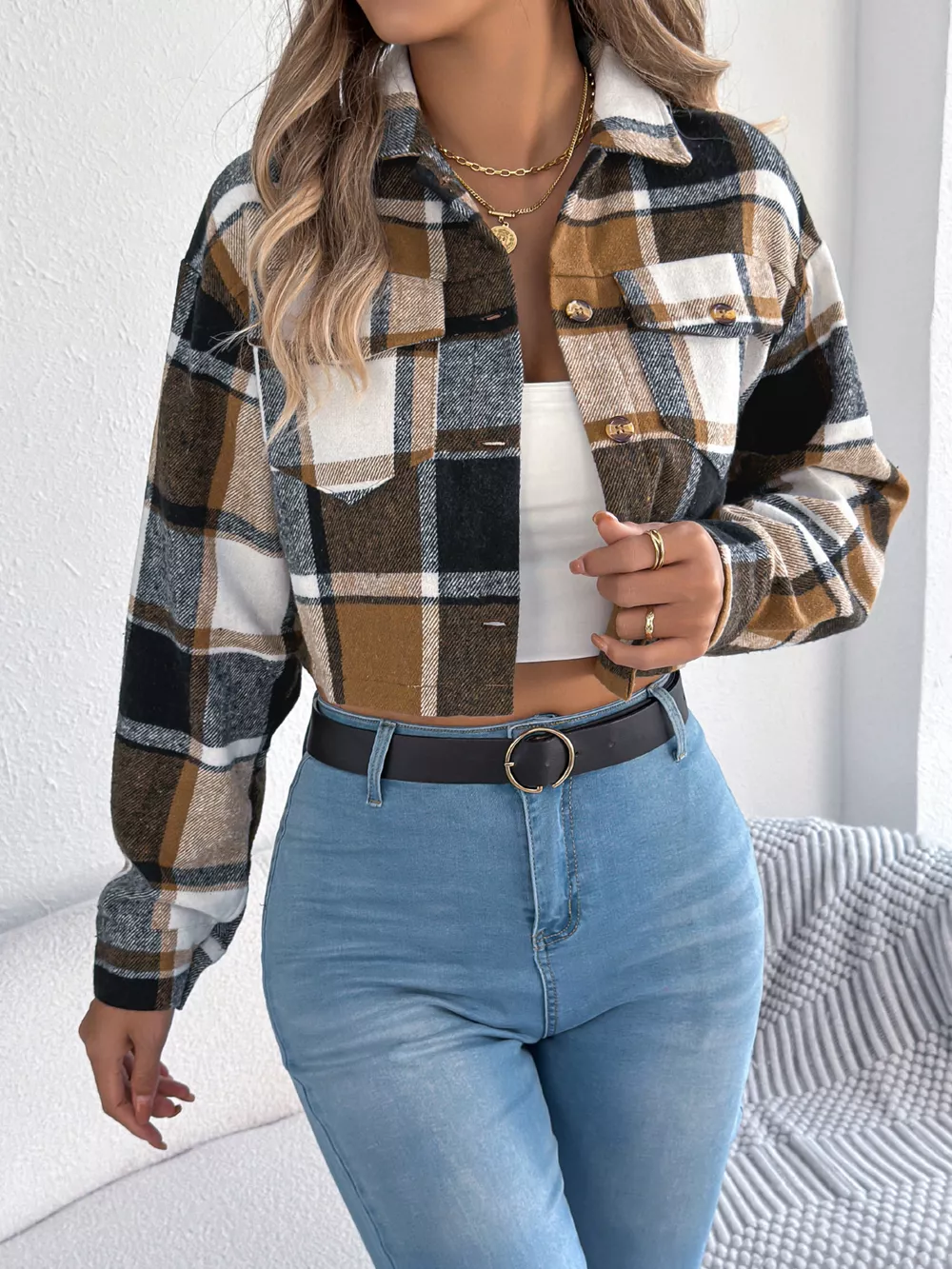 Plaid Button Up Cropped Jacket, image 12