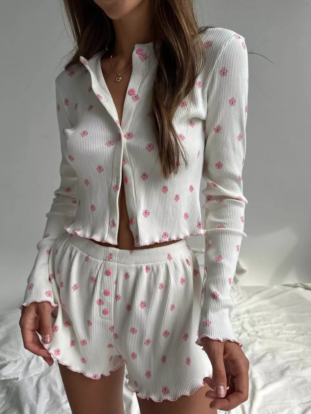 Floral Print Ribbed Knit Top and Shorts Lounge Set, image 3