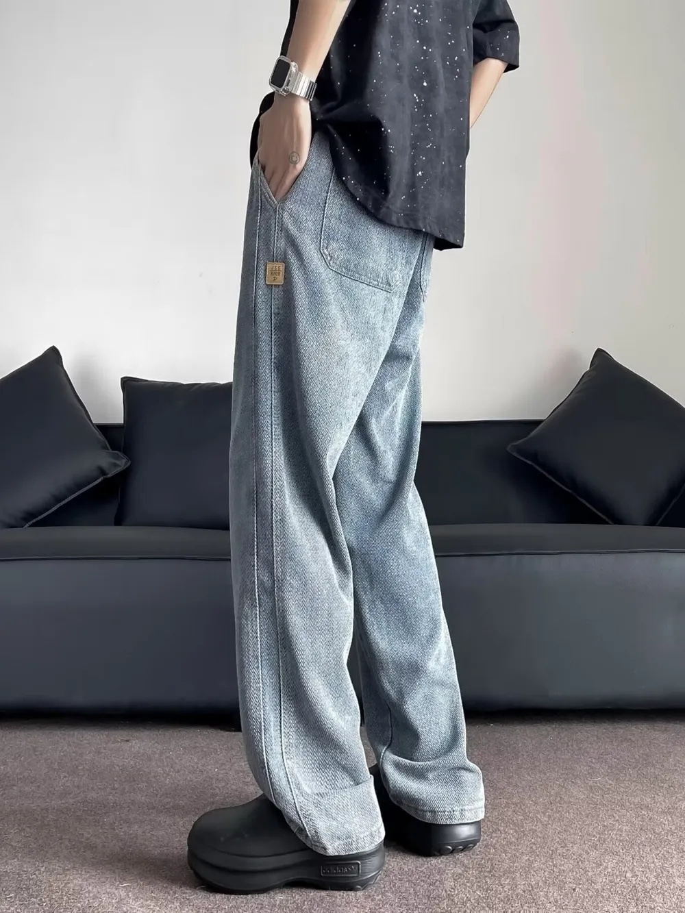Men's Plus Size Drawstring Washed Wide Leg Jeans, image 4