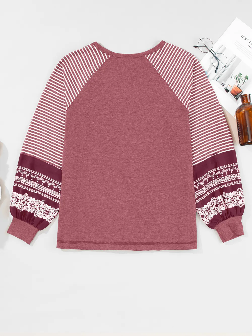Contrast Print Striped Raglan Long Sleeve Loose Top, image 7