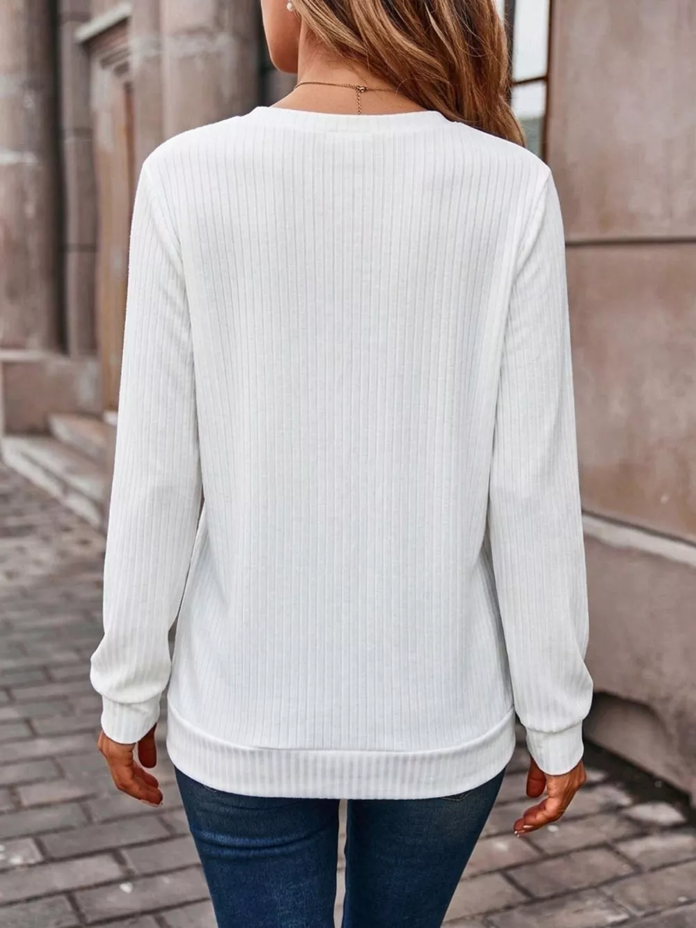 Ribbed V-Neck Long Sleeve T-Shirt, image 5