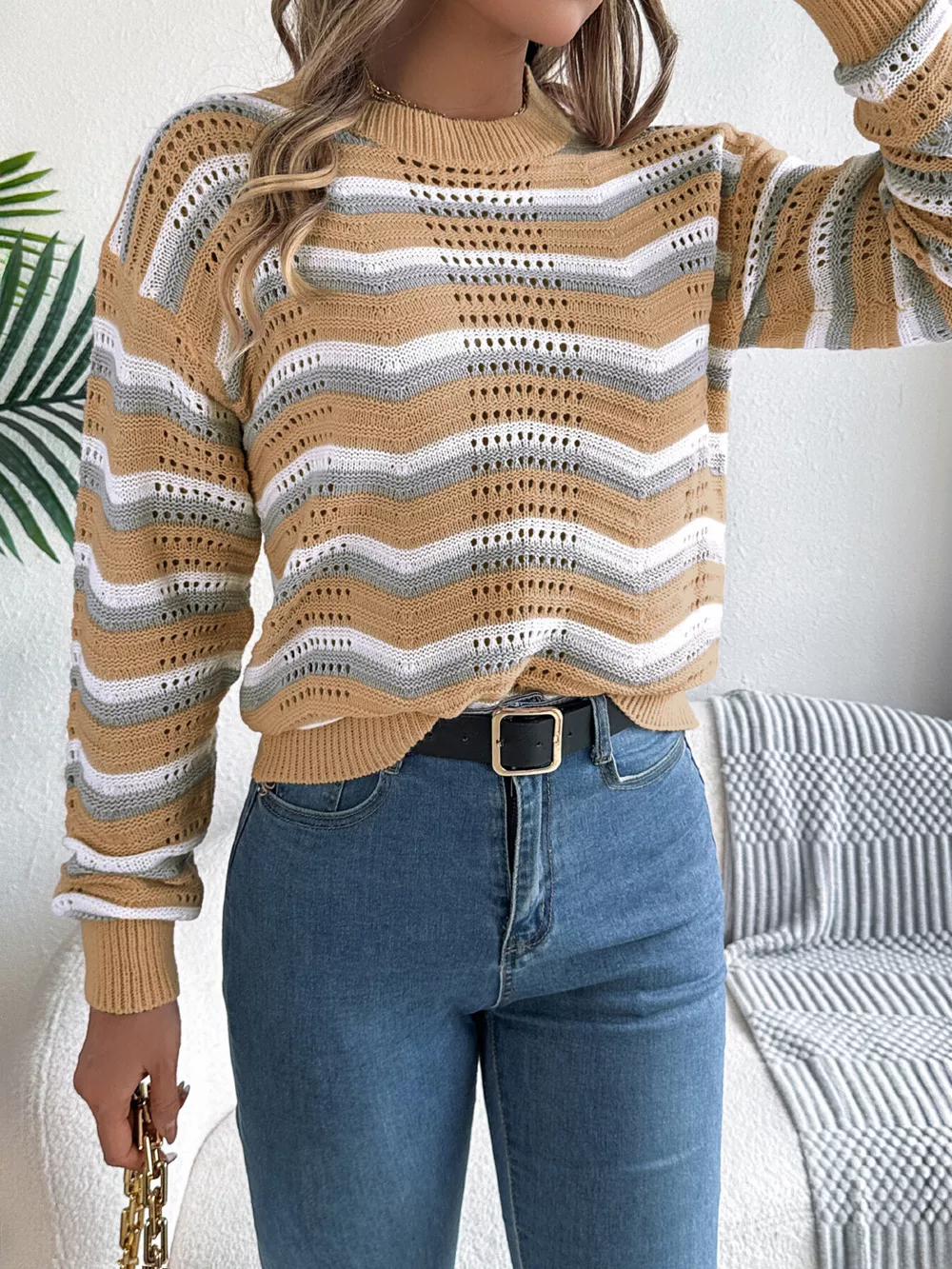 Striped Round Neck Long Sleeve Sweater, image 4