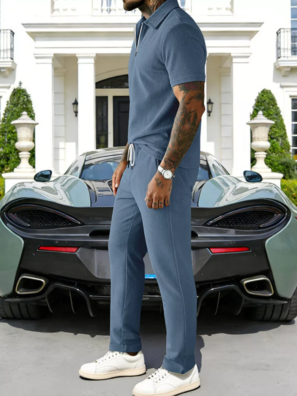 Men's Full Size Casual Zipper Polo Shirt and Drawstring Pants Set Plus Size, image 4