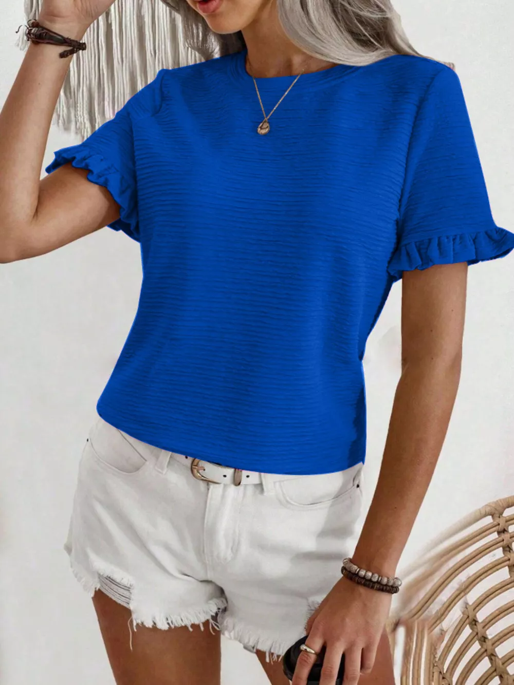 Textured Ruffle Sleeve Round Neck T-Shirt, image 15
