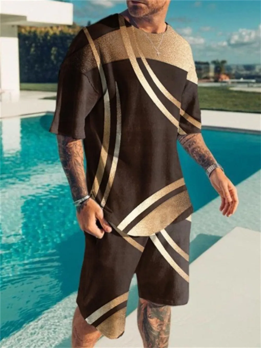 Men's Full Size Contrast Short Sleeve Top and Shorts Set Plus Size, image 3