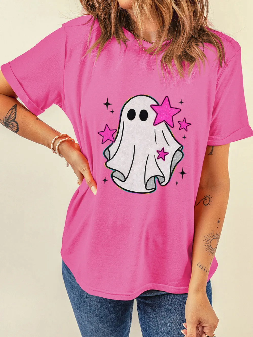 Ghost Graphic Halloween Round Neck T Shirt, image 2