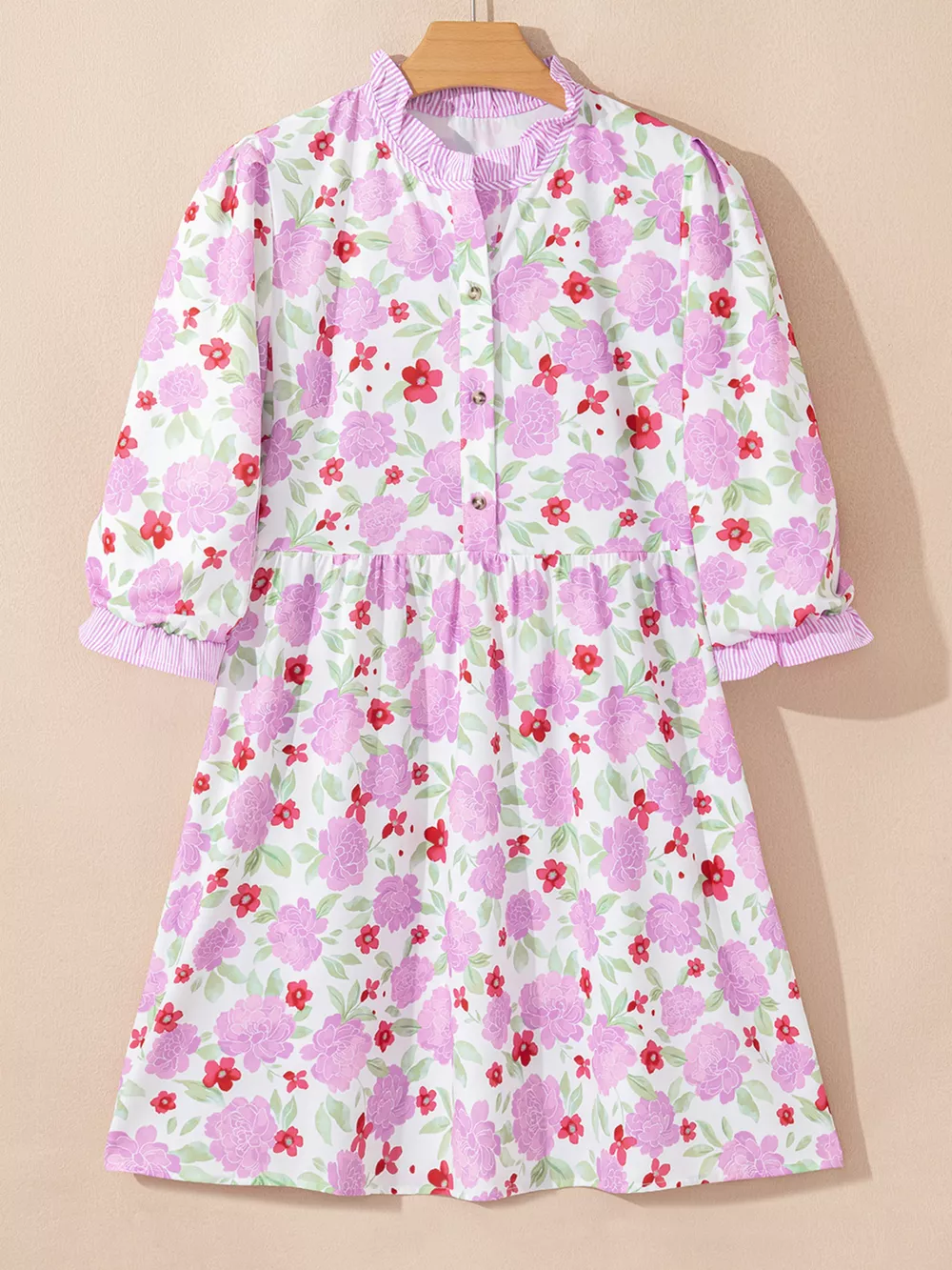 Floral Print Striped Trim Frilled Neck 3/4 Sleeve Flared Mini Dress, image 3