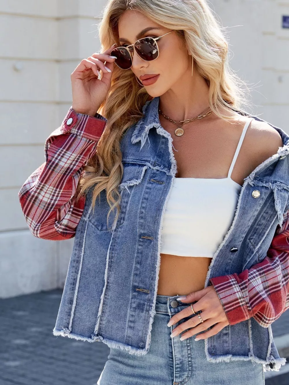 Raw Hem Plaid Sleeve Denim Jacket, image 3