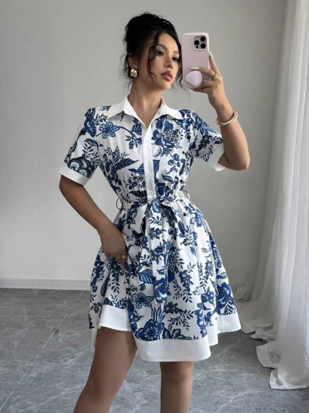 Floral Print Button-Front Shirt Dress, image 5