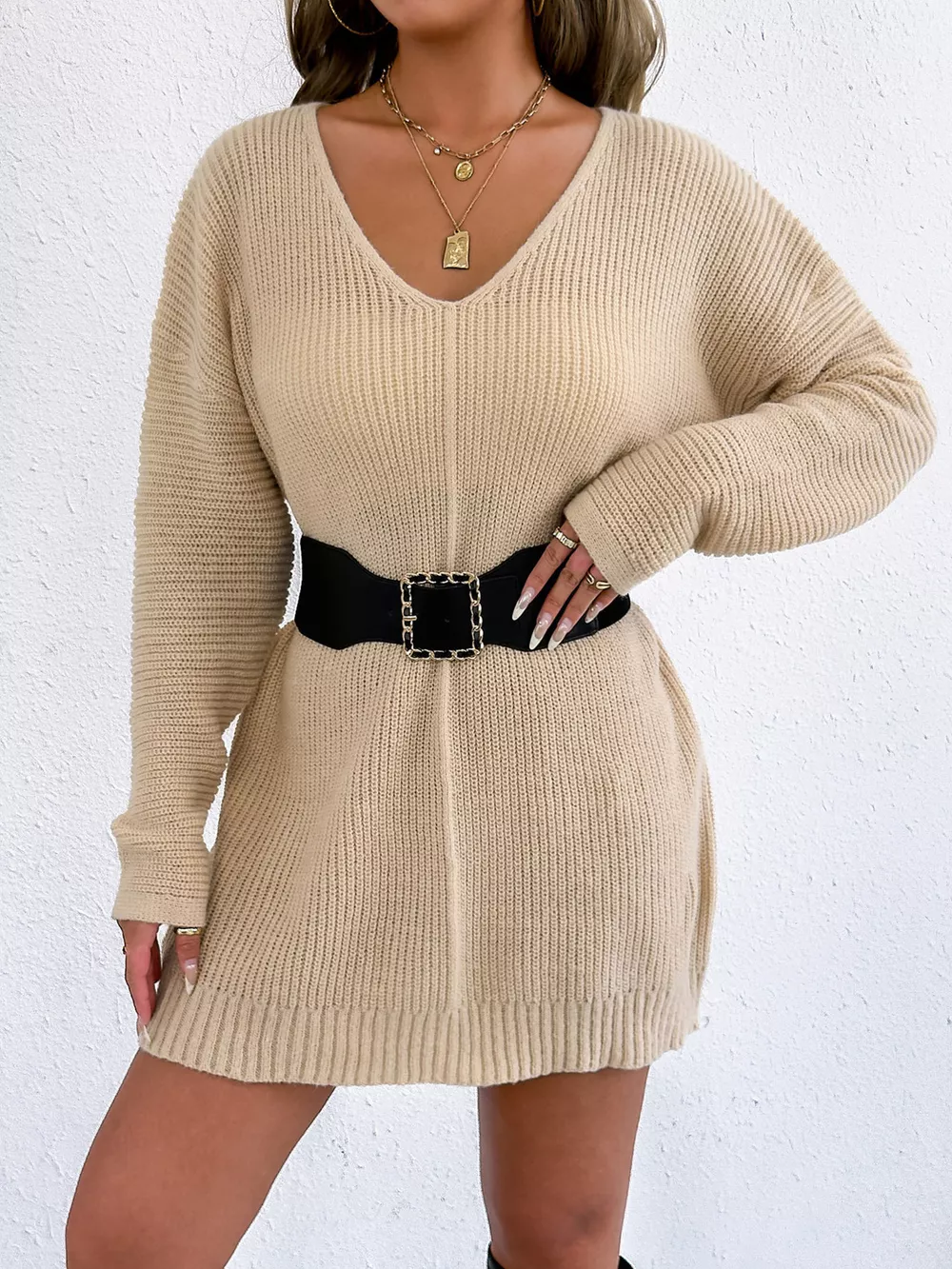 V-Neck Ribbed Knit Sweater Dress, image 10