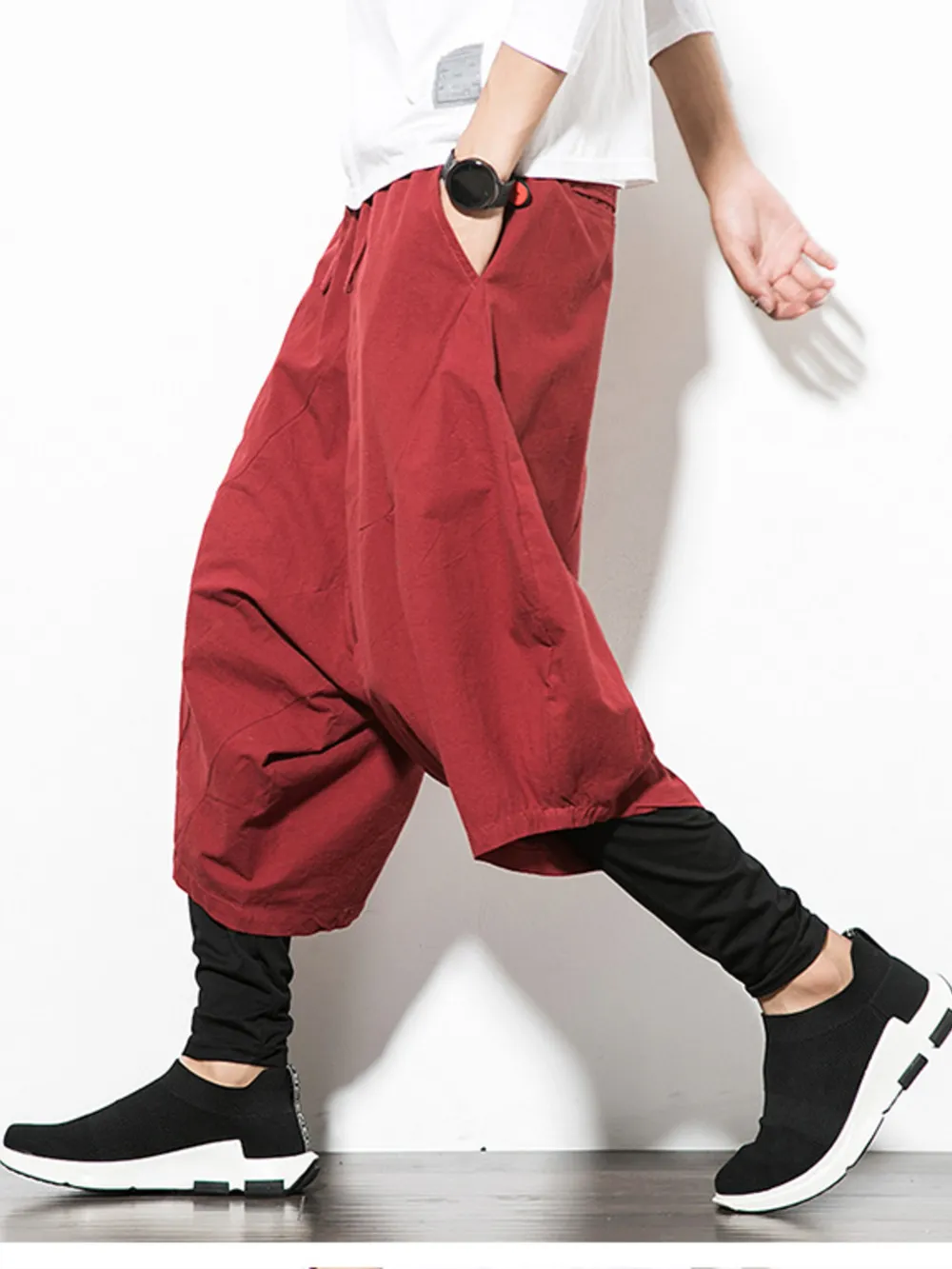 Men's Plus Size Wide Leg Drop Crotch Pants with Drawstring, image 4
