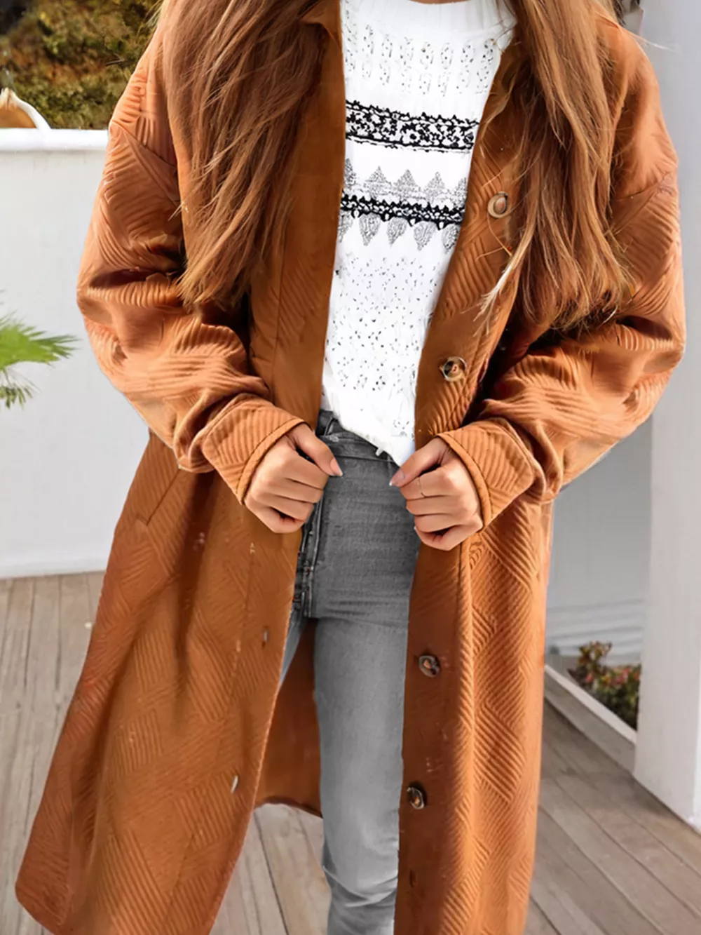 Textured Collared Drop Shoulder Buttoned Front Coat, image 2